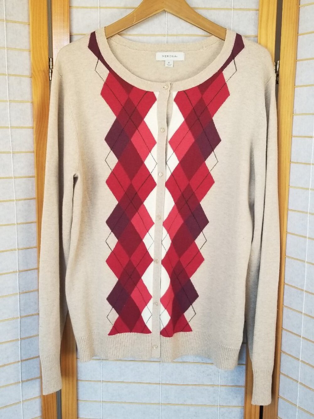 Merona Wool Blend Tan Argyle Cardigan Sweater Red Purple Button Up Size XL